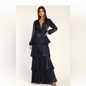 Tier For Love Navy Blue Satin Long Sleeve Tiered Maxi Dress
